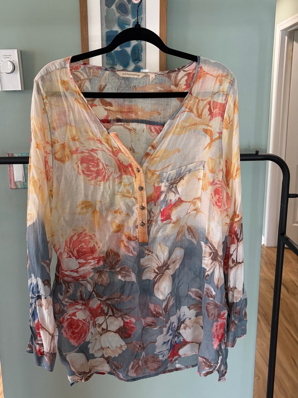 Soft Surroundings Floral V-Neck Henley Blouse in Coral, Yellow & Blue-Gray